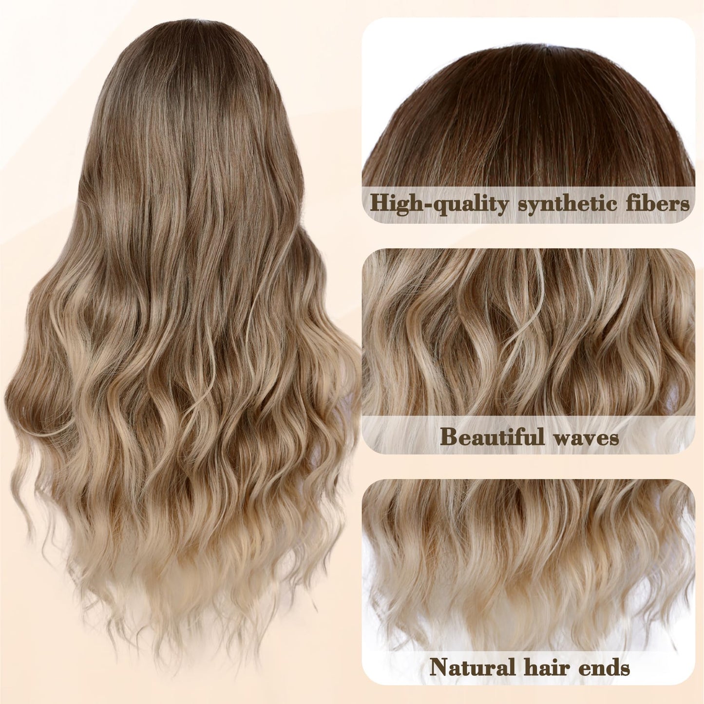 NAYOO Long Ombre Blonde Wavy Wig for Women 26 Inch Middle Part Lace Hairline Curly Wavy Wig Natural Looking Synthetic Heat Resistant Fiber for Daily Party Use