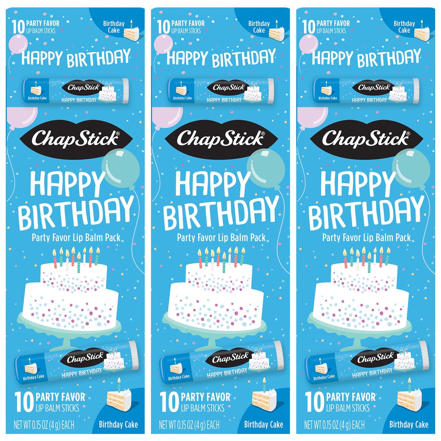 ChapStick Party Favors, Happy Birthday Cake Lip Balm Packs (30 Sticks) – Sweet, Creamy Vanilla Flavor, Fun Gifts for Teens & Adults, 0.15 Oz Ea