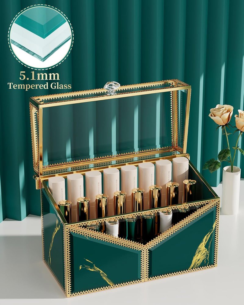 Lipstick Organizer - 24 Slot Tempered Glass Holder for Lip Gloss & Perfume | Vanity Storage Solution