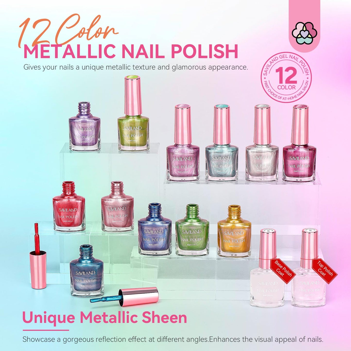 SAVILAND Mirror Quick Dry Nail Polish Set: Chrome Metallic Holographic Nails Polish Kit Gold Sliver Air Dry 14 Pcs Regular Nail Polish with Base and Top Coat DIY Art Salon Home Gift for Women