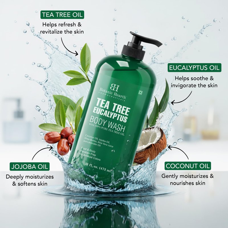Botanic Hearth Eucalyptus & Tea Tree Body Wash – Refreshing & Invigorating Shower Gel for Men & Women, Helps Soothe Skin, Sulfate & Paraben Free – 16 fl oz