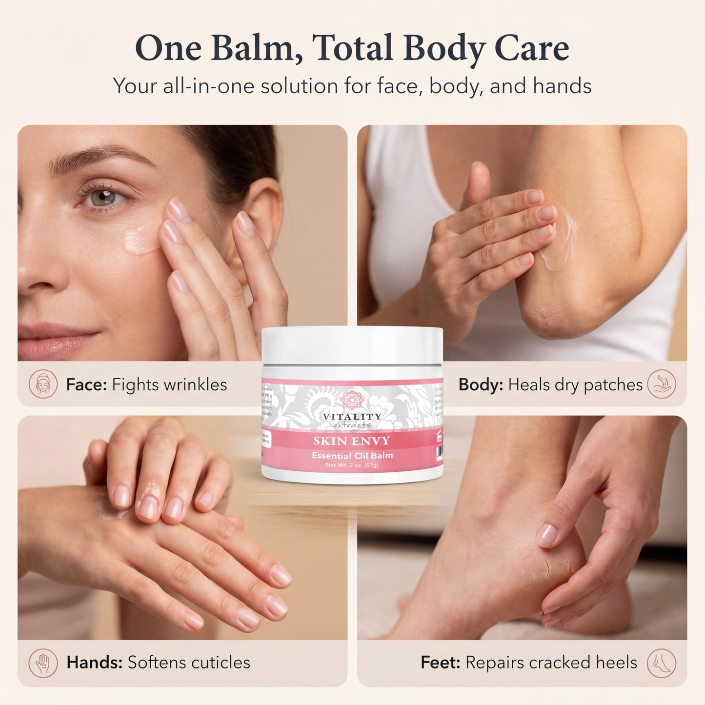 Vitality Extracts Skin Envy Balm - Moisturizer, Beeswax, Vitamin A, Skin Care, All Natural, Coconut Oil