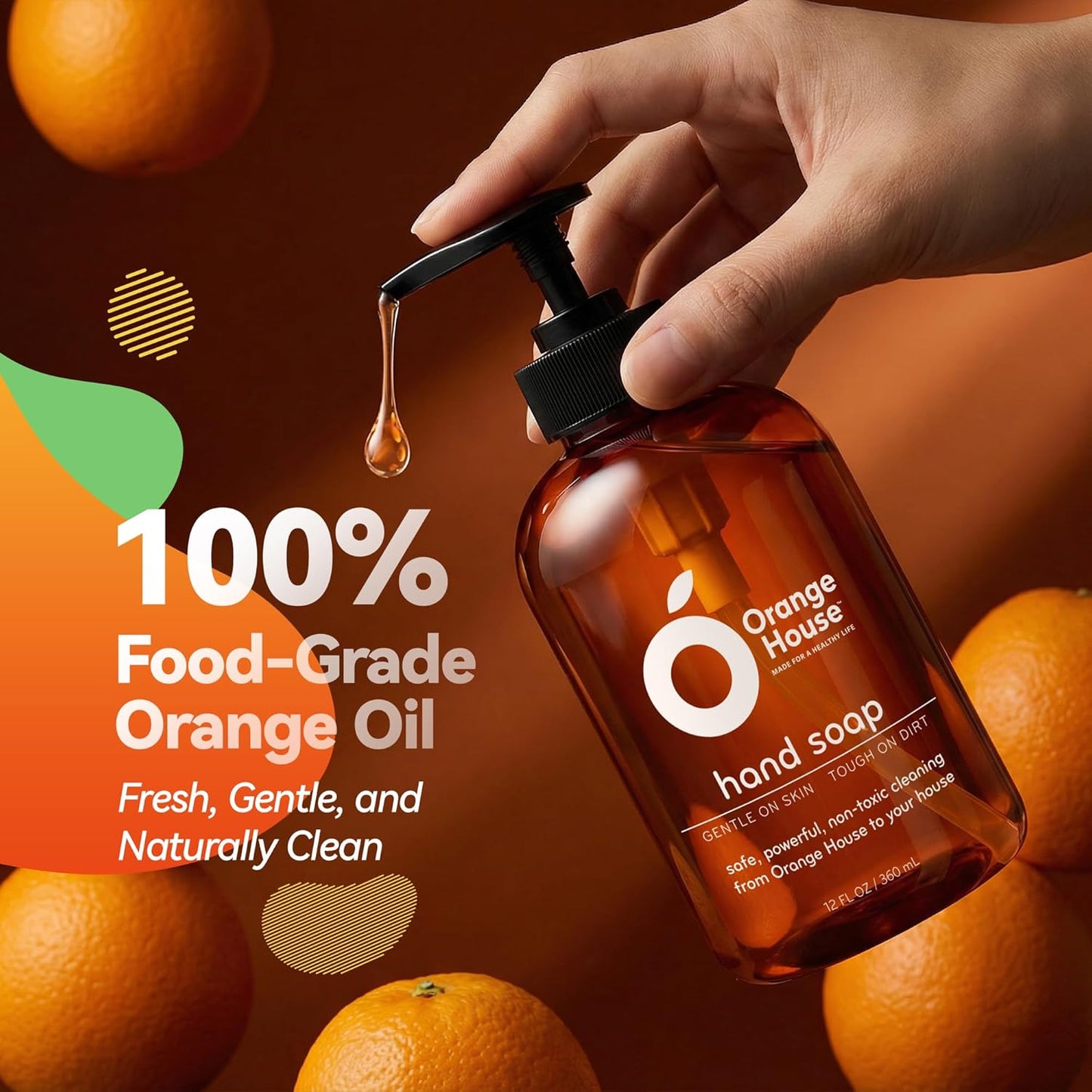 Natural Liquid Hand Soap - Food-Grade Orange Oil, Moisturizing & Hypoallergenic | 12 Fl Oz (3 Pack)