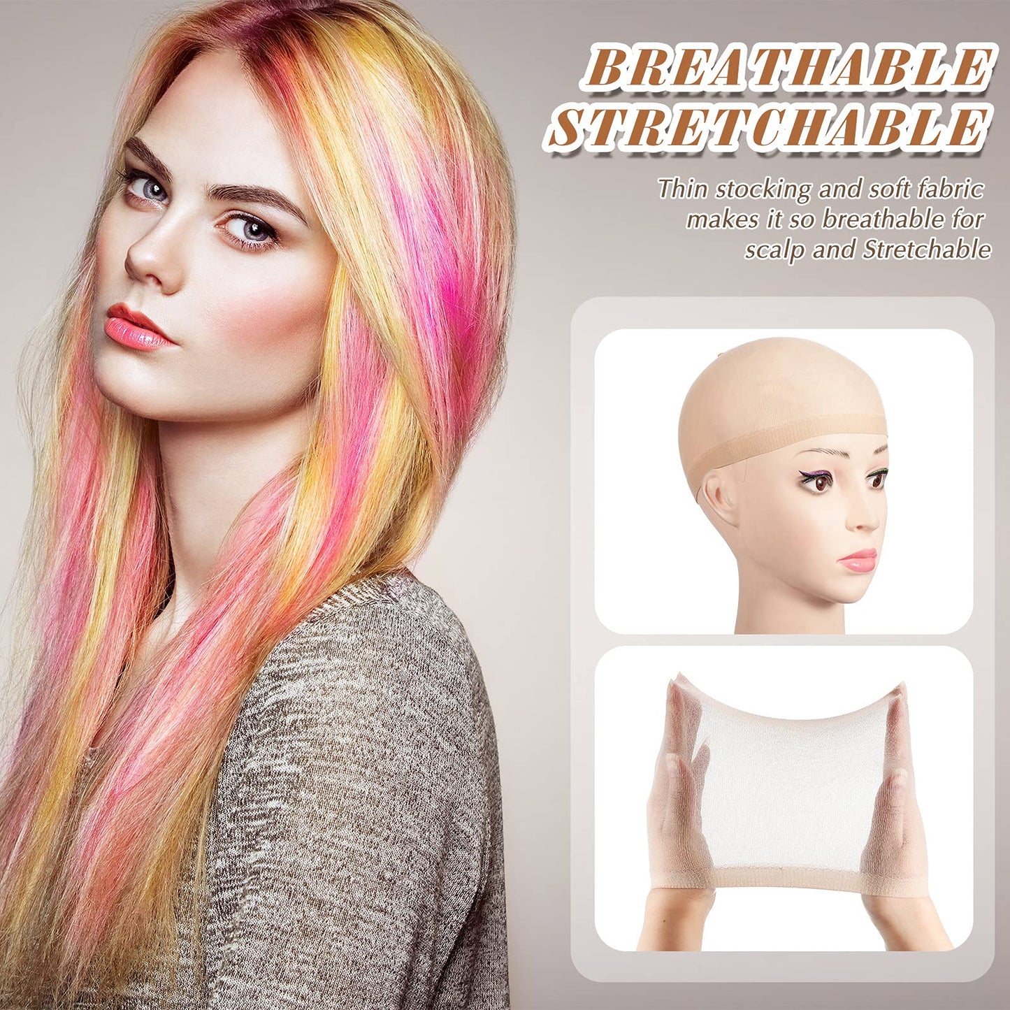 Waydress 100 Pcs Wig Cap Elastic Medium Nylon Stocking Caps Stretchy Stocking Wig Caps Secure Your Hair, Lightweight, Breathable (Beige)