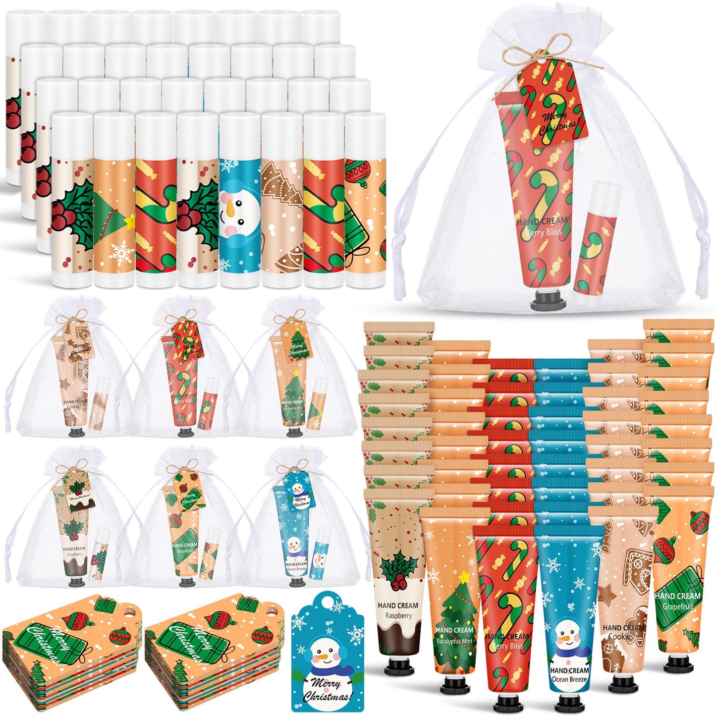 Loopeer 48 Sets/192 Pcs Christmas Hand Cream and Lip Balm Gift Set for Women Bulk Mini Hand Lotion Travel Size for Dry Skin Stocking Stuffers with Greeting Card Organza Bags for Coworker Employee