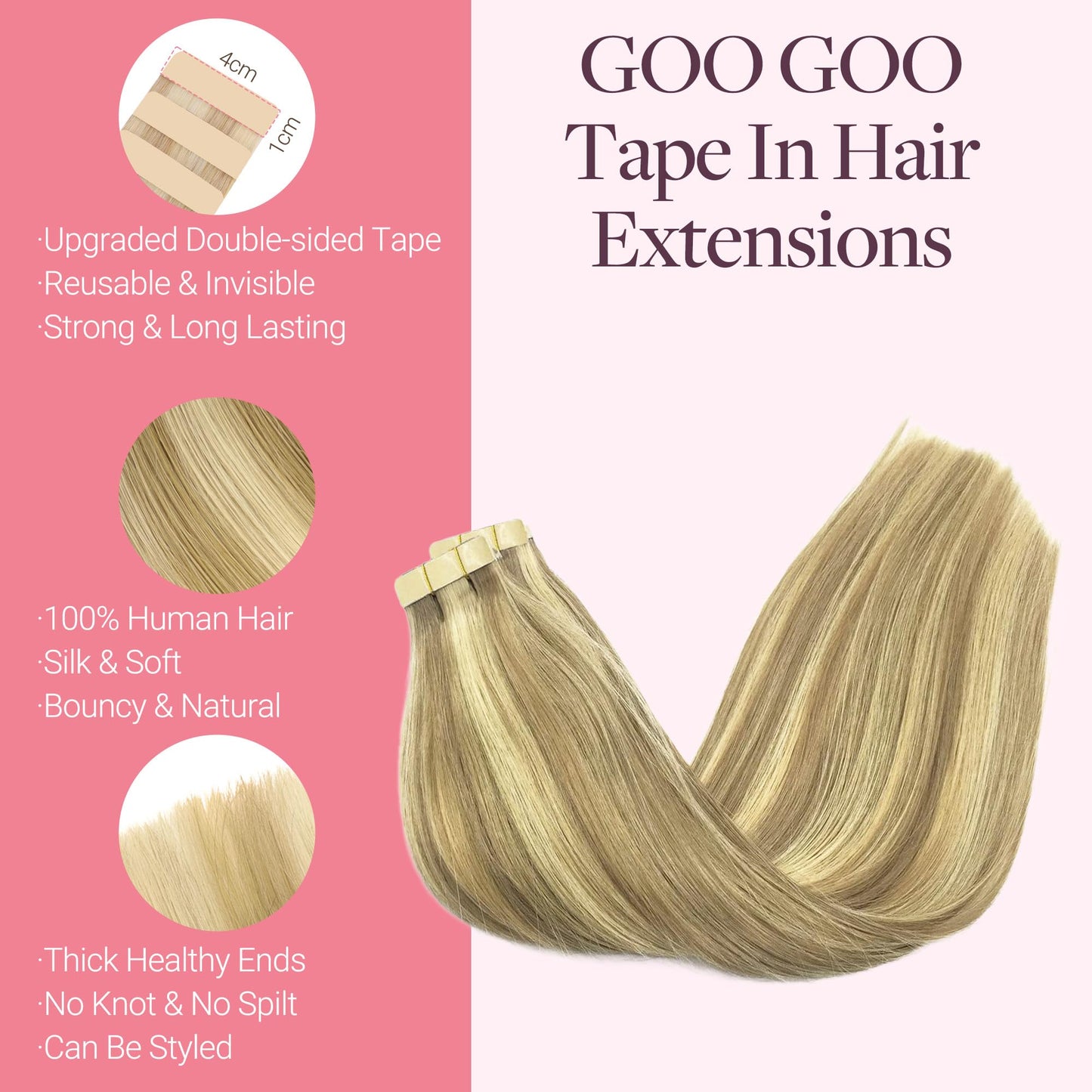 GOO GOO Tape in Human Hair Extensions Remy Invisible No Shedding Waterproof Tape Soft Silky Reusable for Daily Wear, 16/22 Light Blonde Highlighted Golden Blonde, 18inch 50g 20pcs