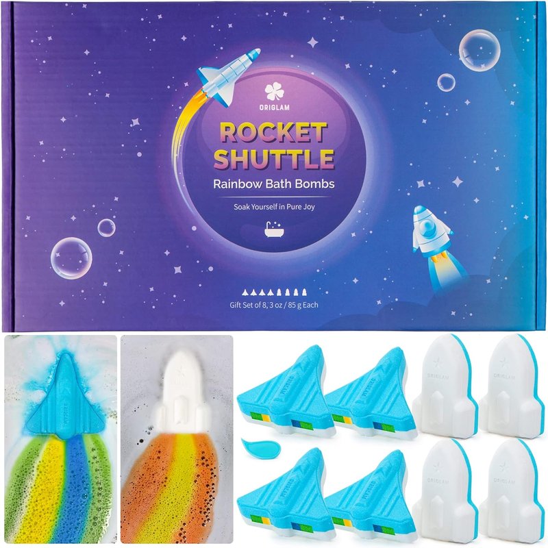 Organic Kids Bath Bombs - 8 XL Space Plane & Rocket Designs | Fun Bath Time Gifts for Boys Aged 4-12
