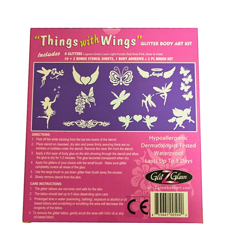 Glitter Tattoo Kit THINGS WITH WINGS - HYPOALLERGENIC and DERMATOLOGIST TESTED! - with 6 Large Glitters & 12 Stencils for Temporary Tattoos