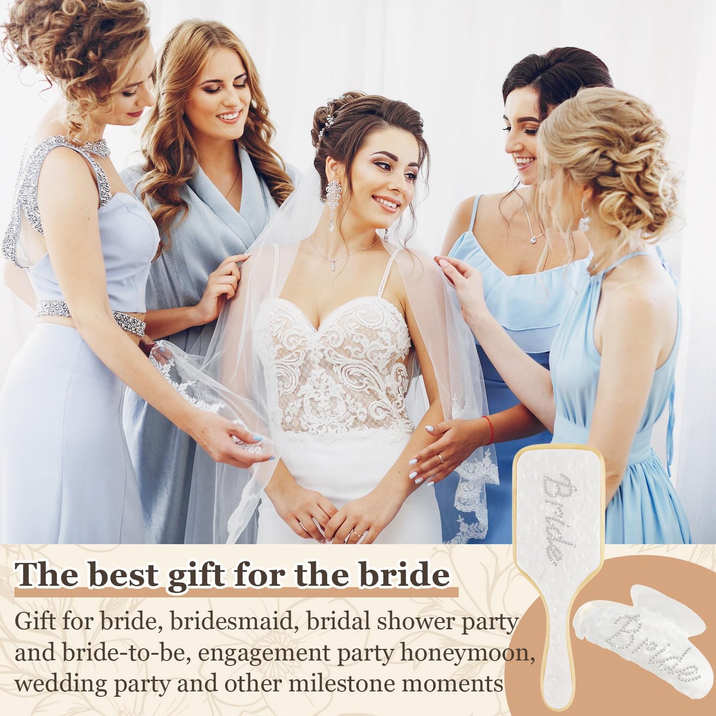 Vicenpal 2 Pcs Bride to Be Gift Set White Wooden Paddle Brush & Bridal Hair Claw Clip with Sparkling Rhinestone Bride Details Bridal Shower Gift for Bachelorette Party Wedding Accessories