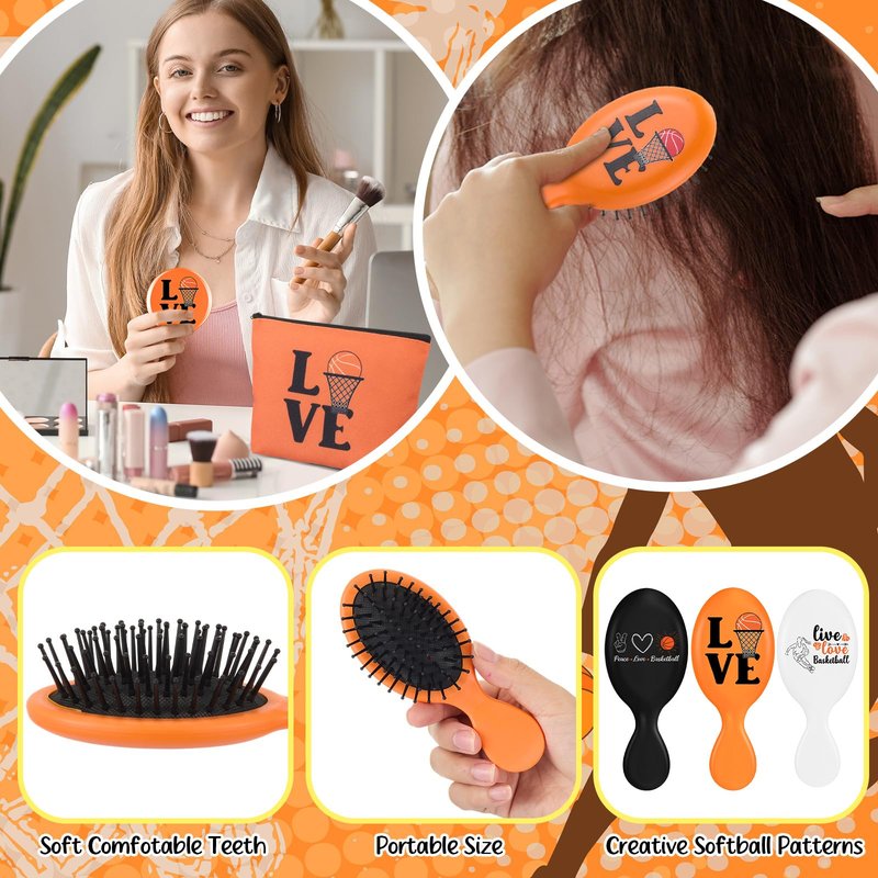 Baderke 60 Pcs Basketball Team Gifts for Women Basketball Party Favors Include Cosmetic Bags Makeup Mirror Hair Scrunchies Detangler Brush Bracelets for Women Players Sports Team Accessories