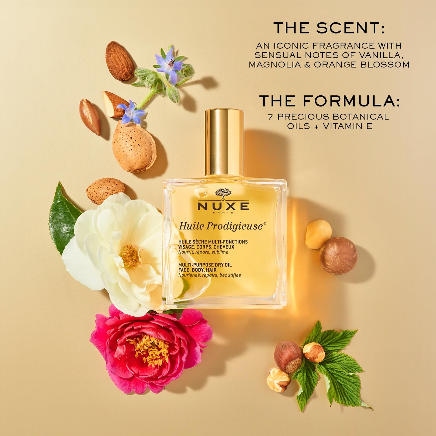 Nuxe Huile Prodigieuse Multi-Purpose Dry Oil with 7 Botanical Oils for Radiant Glow and Hydration for Face, Body & Hair, 1.6 Fl Oz