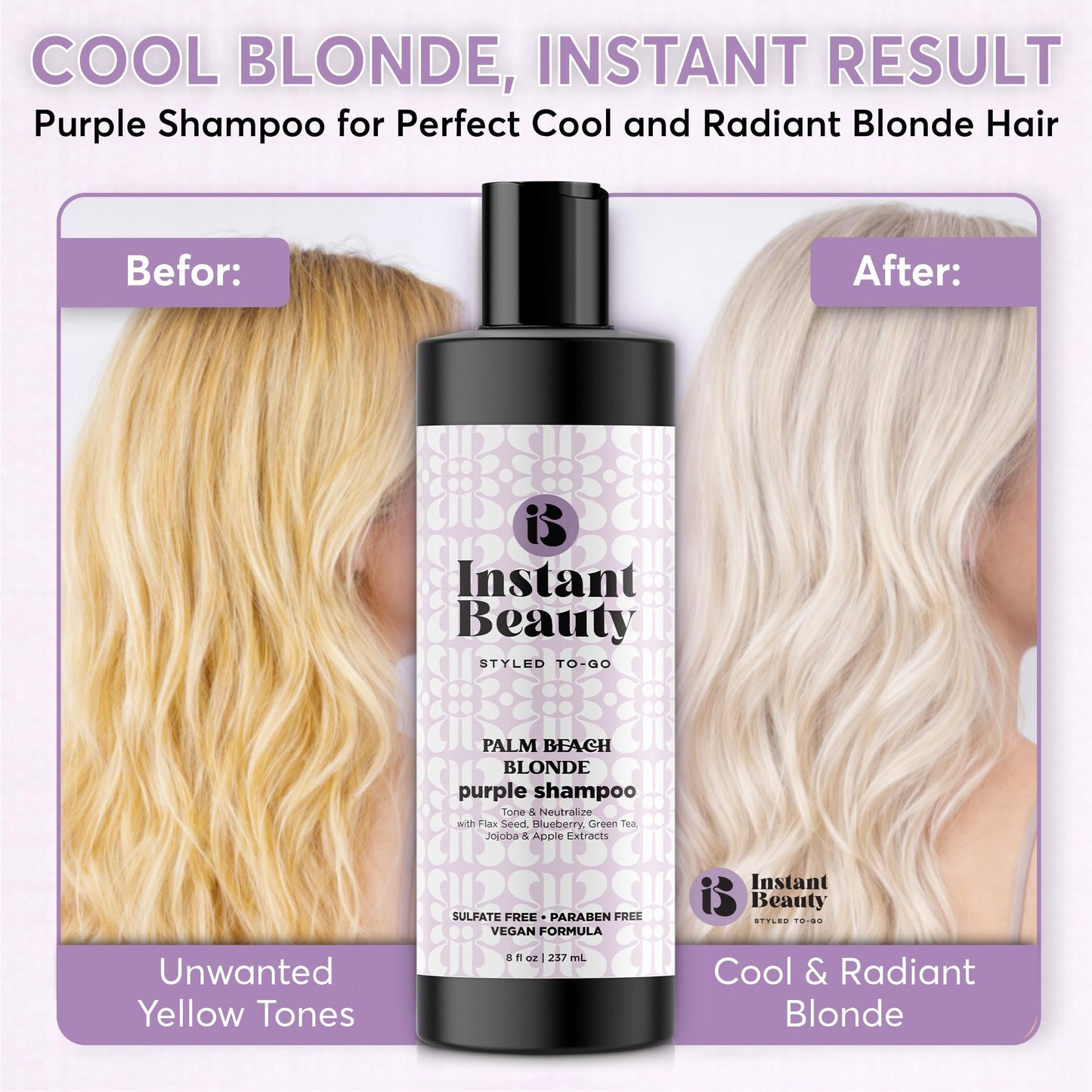 Instant Beauty, Palm Bleach Blonde Purple Shampoo, Sulfate-Free, Color Depositing for Blonde and Gray Hair