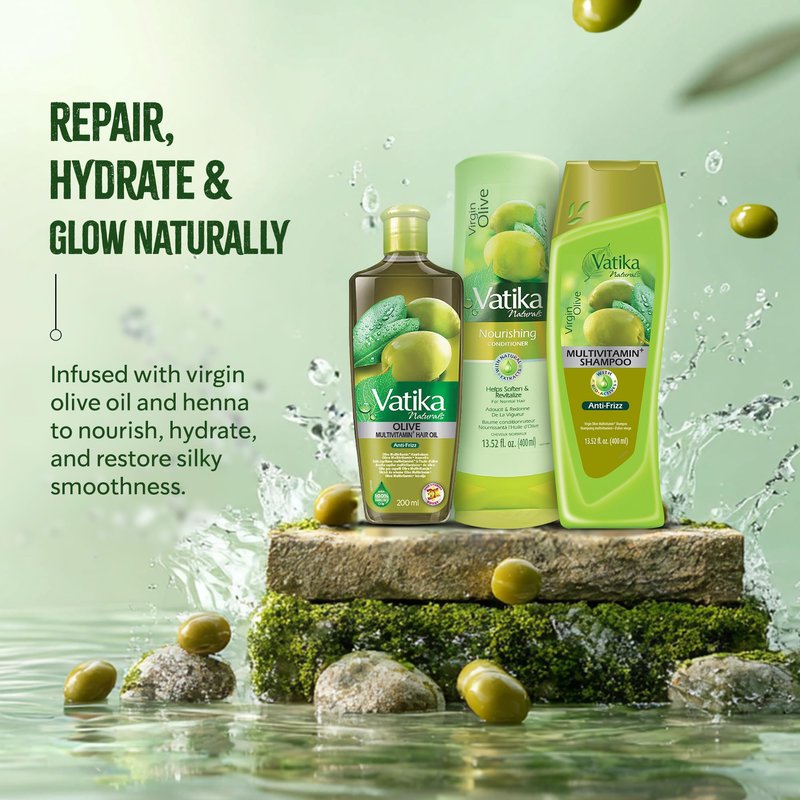 Vatika Naturals Olive Shampoo, Oil & Conditioner Combo, Deep Nourishment, Anti-Frizz & Hydration, Enriched with Virgin Olive Oil & Henna for Smooth, Soft & Radiant Hair, 400ml