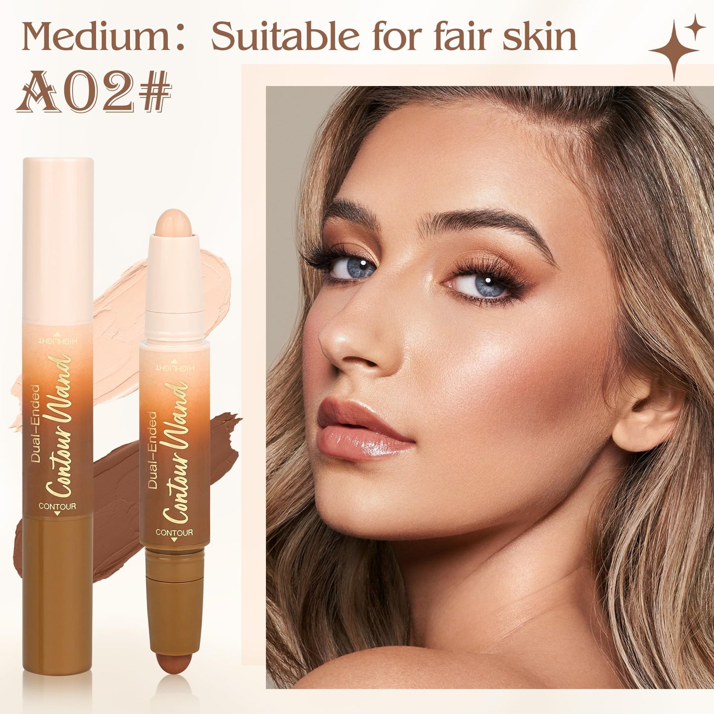 2Pcs Contour Highlighter Stick，2-in-1 Dual-Ended Cream Bronzer & Highlighter Sticks Pen for Face Body Contouring Makeup- Buildable，Waterproof, Easy to Apply Suitable for Beginners(02+02)