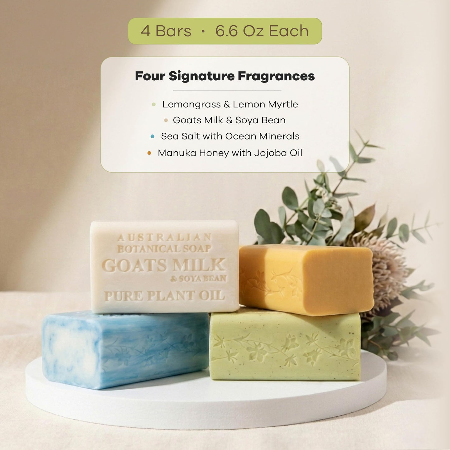 Australian Botanical Goats Milk Soap, Manuka Honey, Lemongrass and Sea Salt 6.6 OZ, Luxury Soap Bars Enriched with Shea Butter, Suitable for all Skin Types, Pack of 4