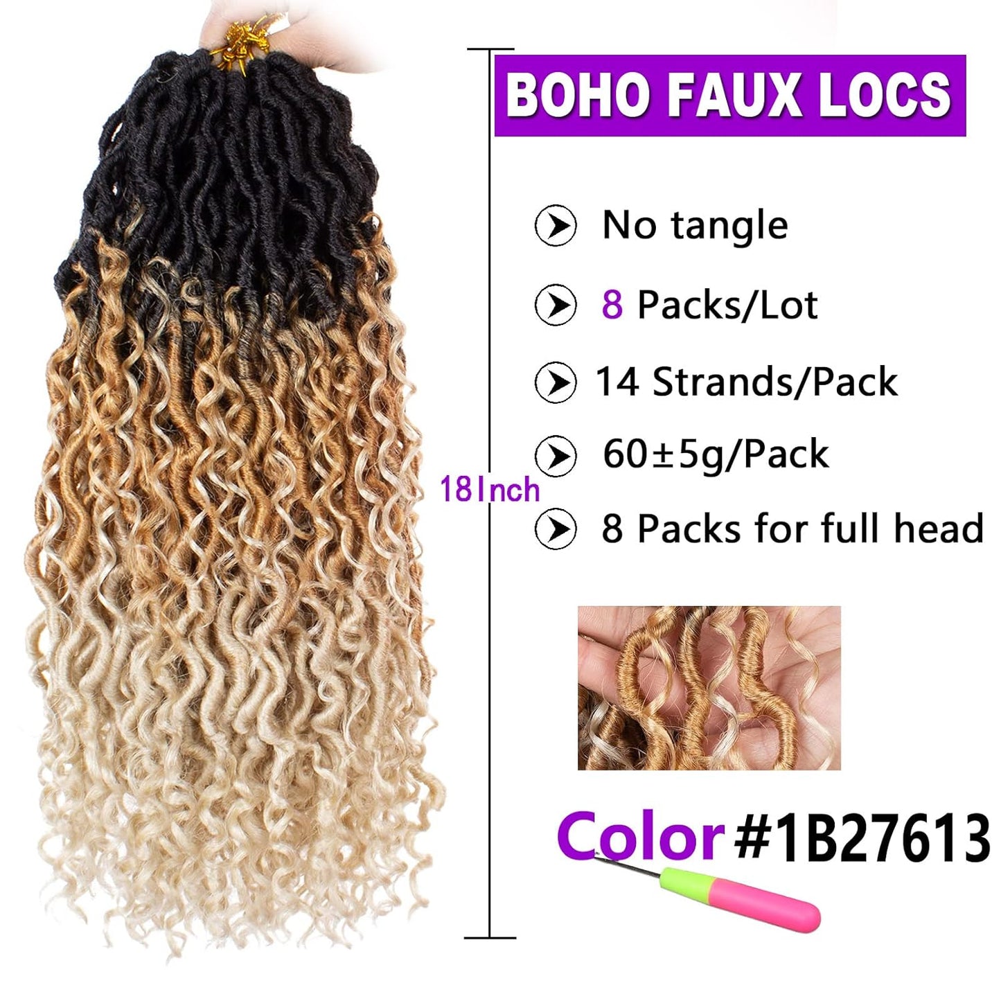 Goddess Locs Crochet Hair - 18 Inch Ombre Boho Faux Locs | 8 Packs, Pre-Looped, Soft Synthetic Braids