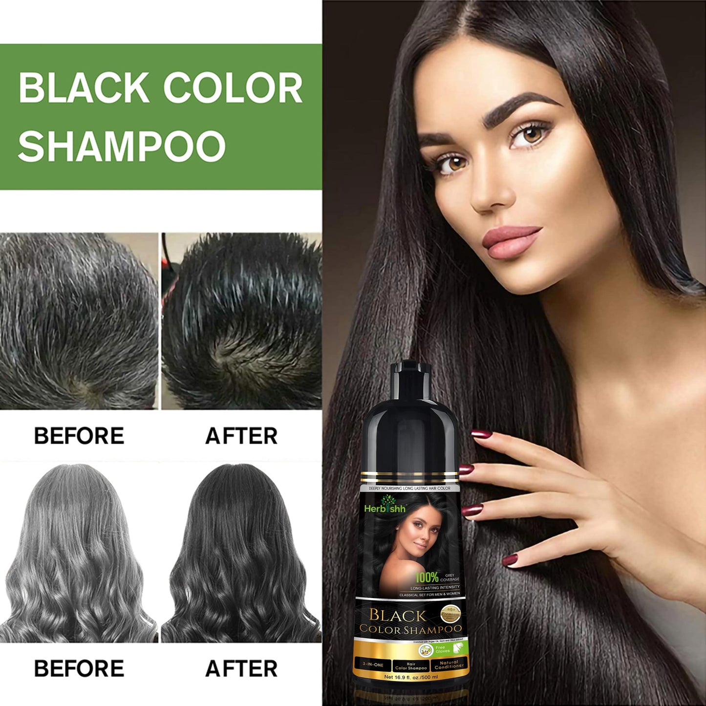 Herbishh Hair Color Shampoo for Gray, 500 ML - Black with Vitalizer Serum, Strengthener, Thickening for Thinning , Repairs Follicles, Promotes Healthier