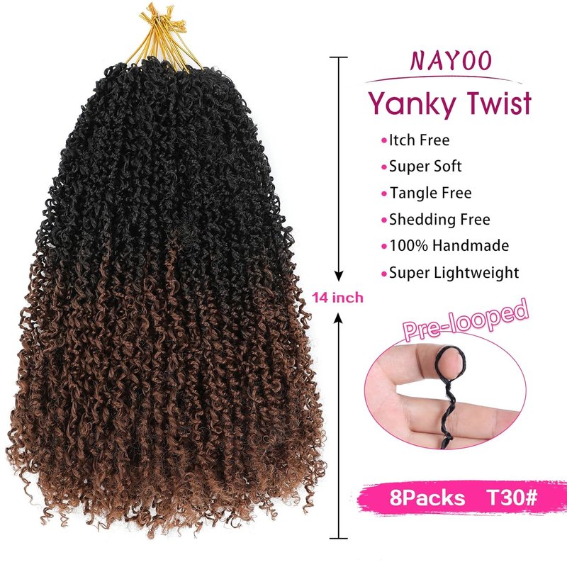 NAYOO 14 Inch Mini Passion Twist Crochet Hair - 8 Packs of Pre-Looped Synthetic Braids | Curly Ends, T30 Color
