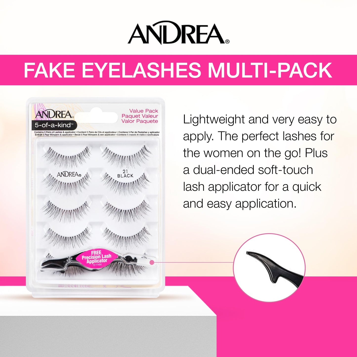 Andrea Fake Eyelashes Multi-Pack with Applicator, 21mm - Natural Look Lashes for Eye Makeup, Dramatic & Lightweight False Eyelashes, 1 Pack