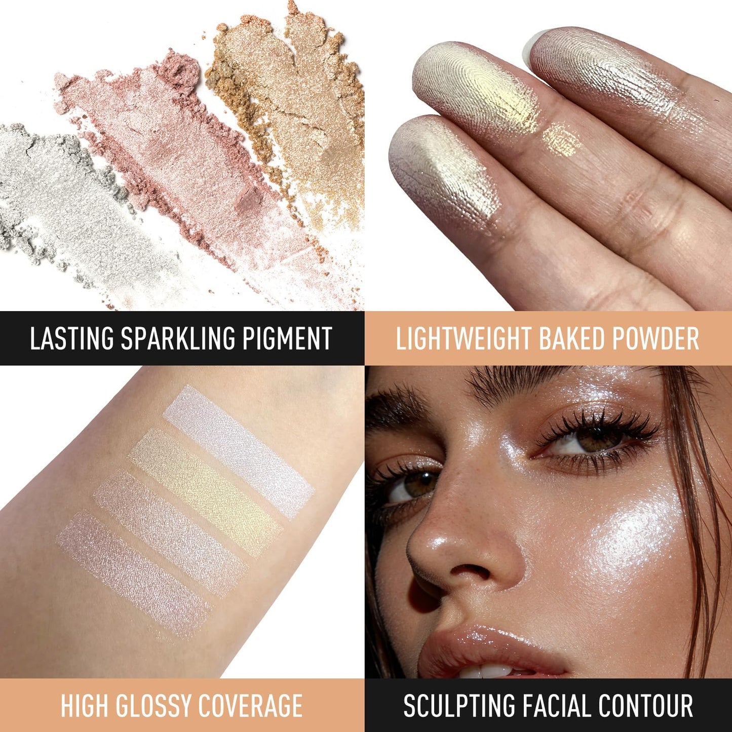 Janwana Highlighter Makeup Palette, Shimmer Glitter Face Body Illuminator, Smooth Waterproof Highlighter Baked Powder, Natural Long Lasting Highly Pigmented Highlighters Makeup - Champagne Fizz