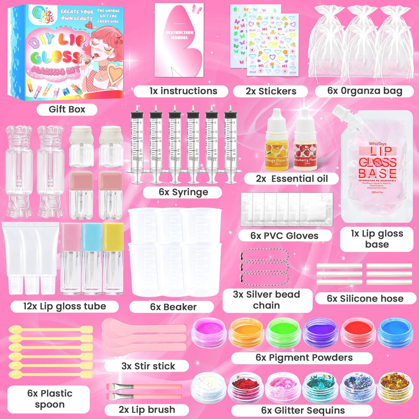 WhizToys 74PCS DIY Lip Gloss Making Kit, Make Your Own Lip Glosses Set Moisturizing Lip Glaze Handmade Glittery Set for Makeup Lover Beginner Teen Girl Gifts, 200ml Lipgloss Base
