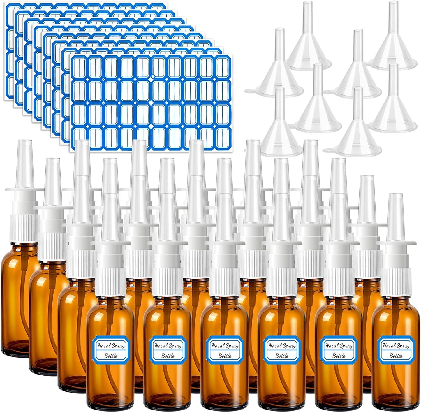 Empty Nasal Spray Bottles - 40 Pcs Brown Glass Refillable Fine Mist with 8 Funnels & Labels | 30ML/1oz