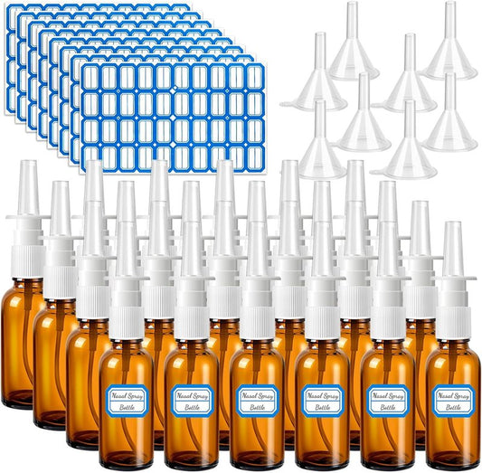 Empty Nasal Spray Bottles - 40 Pcs Brown Glass Refillable Fine Mist with 8 Funnels & Labels | 30ML/1oz