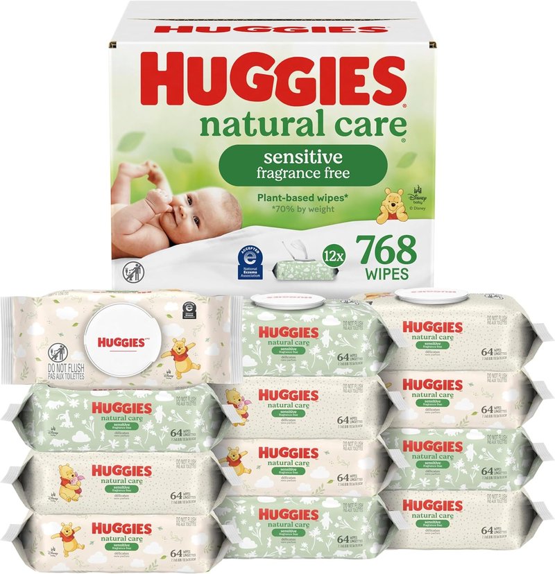 Huggies Natural Care Sensitive Baby Wipes - Unscented, Hypoallergenic, 99% Purified Water | 12 Flip-Top Packs (768 Wipes)