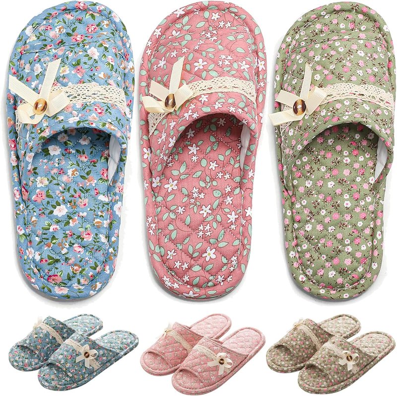 Floral Cotton House Slippers for Women - 3 Pairs of Comfortable, Washable Open Toe Indoor Footwear | Travel & Spa Use