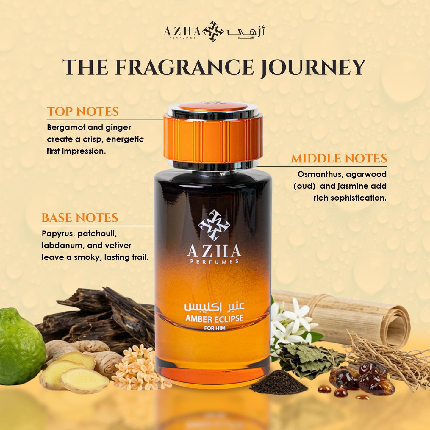 Azha Perfumes Essence Orbis Amber Eclipse Eau de Parfum for Men, 3.4 Fl Oz / 100 mL, Long Lasting Arabian Perfume Spray, Citrus Woody Amber Fragrance with Bergamot, Ginger, Osmanthus, Luxury Scent