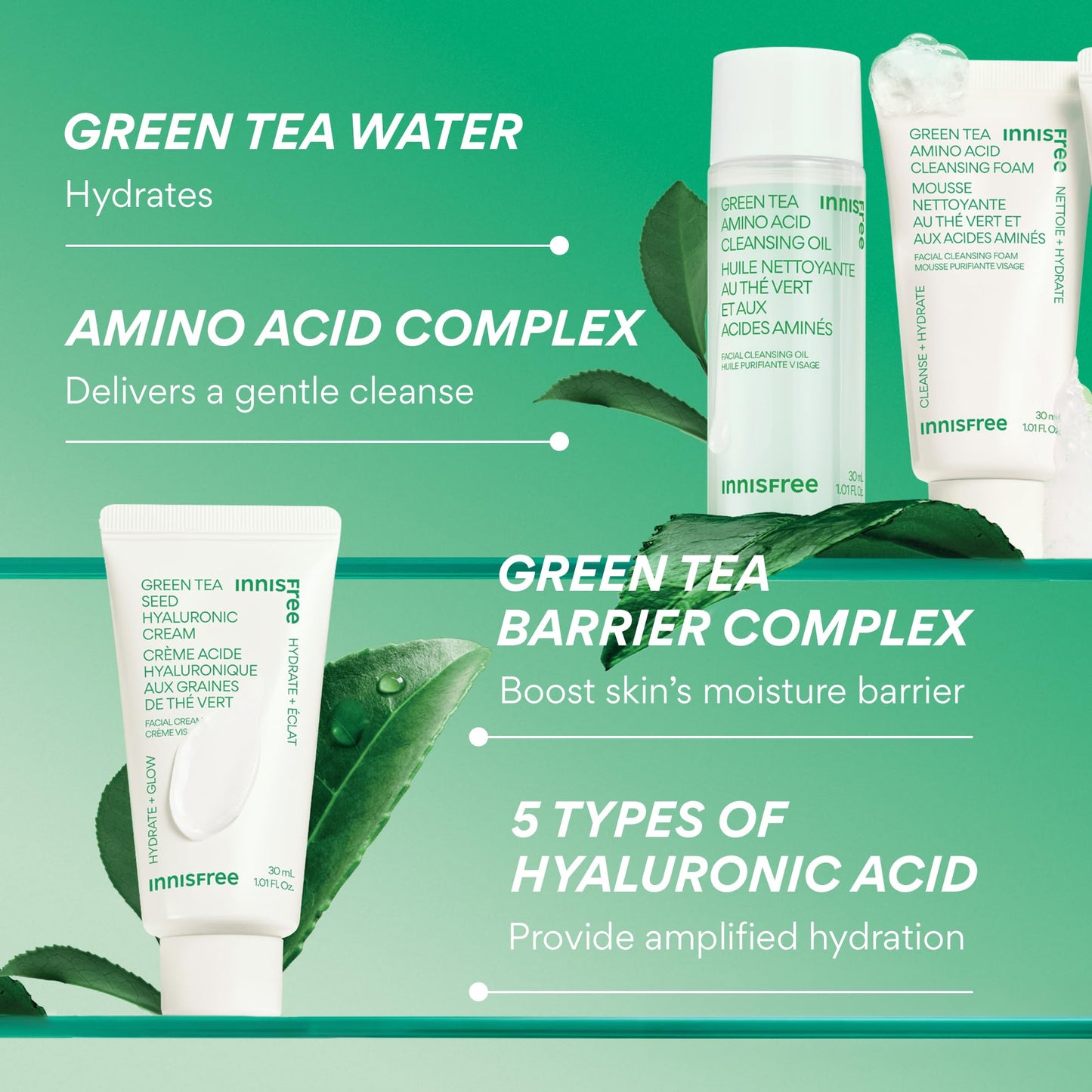 innisfree Green Tea Double Cleanse + Hydrate Trio | Korean Skincare Set with Hydrating Cleansing Oil, Face Wash, and Moisturizer | Gentle Lather | Sulfate-Free | Available in Gift Sets
