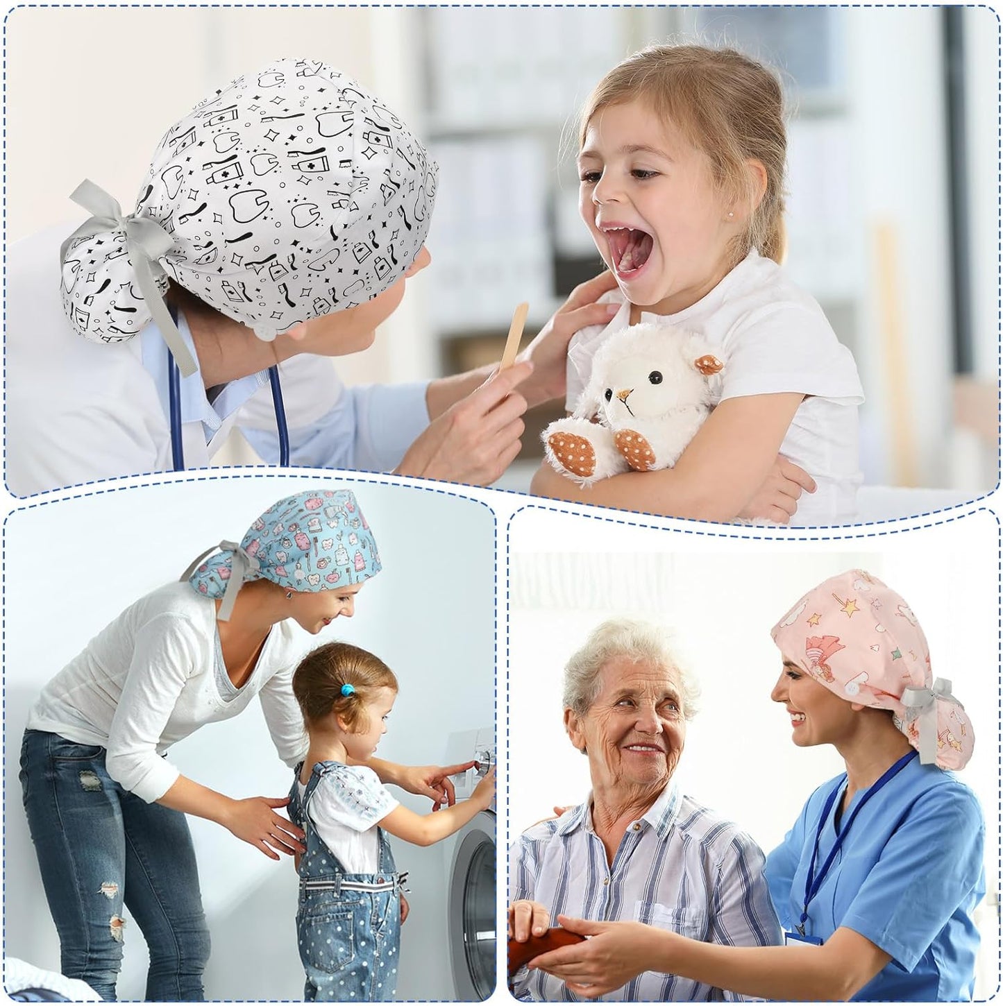 Nurse Caps for Women - Adjustable Bouffant Dental Scrub Hats | 6 Pcs Set in Various Colors