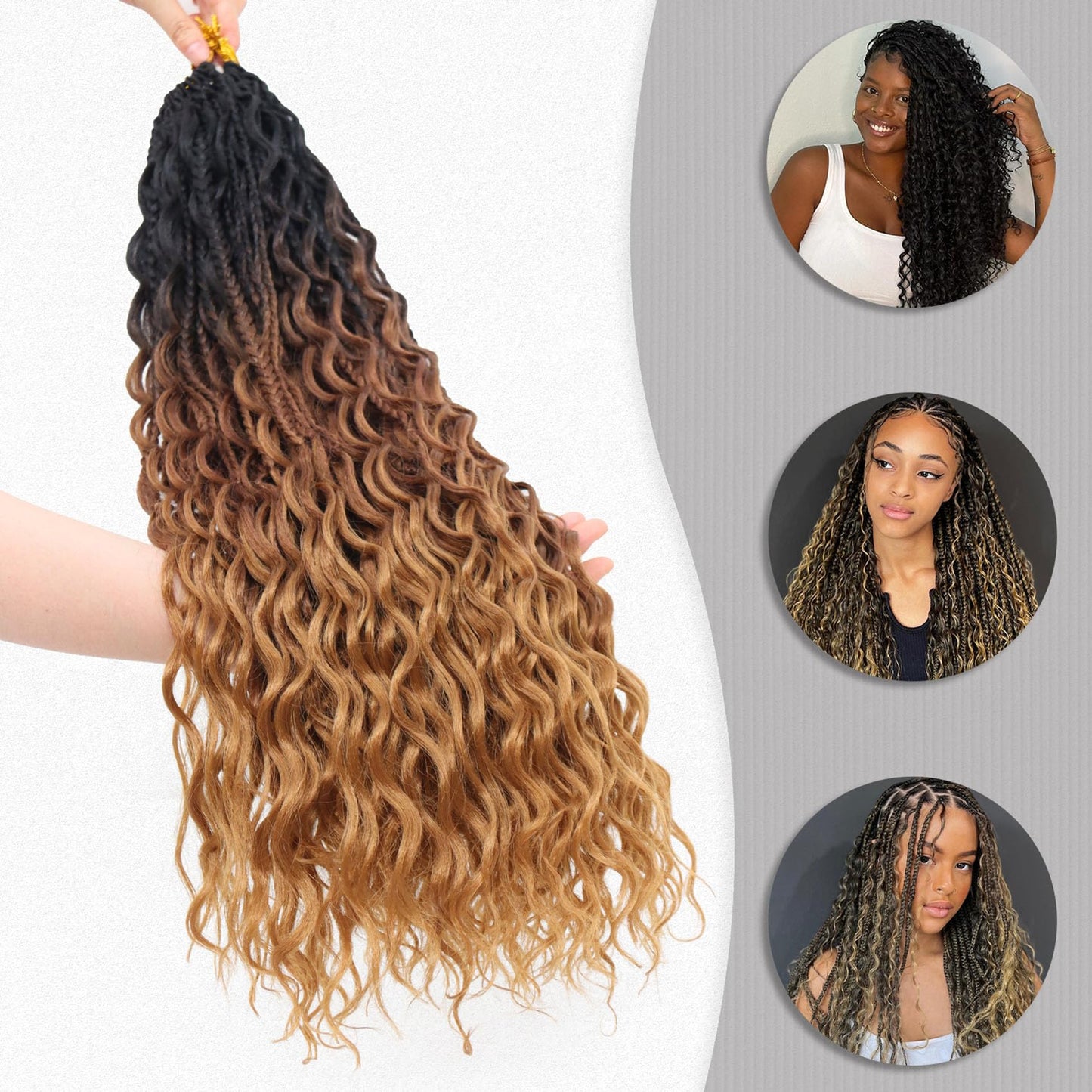 24 Inch Goddess Box Braids Crochet Hair 7 Packs Boho Braids Pre Looped Crochet Braids With Curly Ends Synthetic Bohemian Crochet Braiding Hair for Women, 1B/30/27