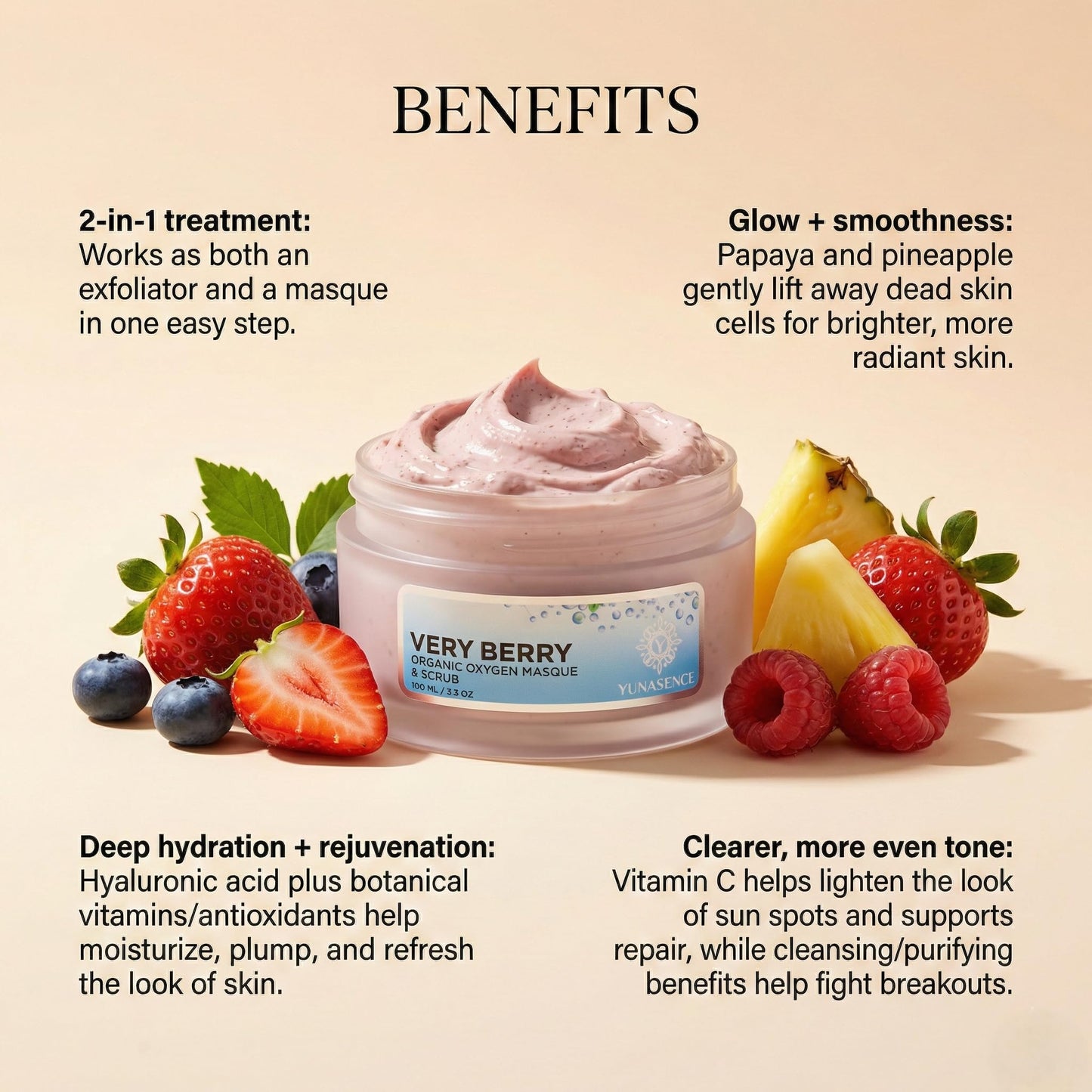Sweetsation Therapy/Yunasence, Very Berry Oxygen Exfoliating Mask & Scrub w/Vitamin C, Enzymes & Superberries. Rejuvenating, Hydrating, Purifying, Pore cleansing.