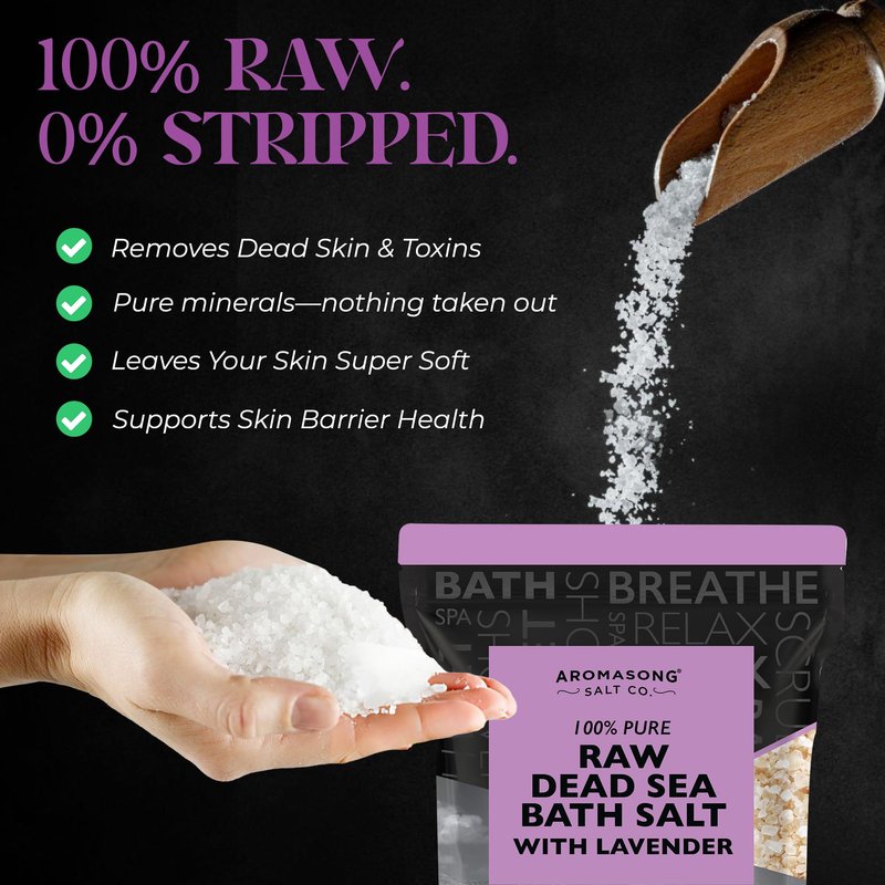 Aromasong Pure Raw Dead Sea Salt for Soaking with 100% Natural Lavender, 5 LB - Spa Bath Salt Fine Grain - Body Wash Scrub - Soak for Women & Men- Bulk Resealable Pack