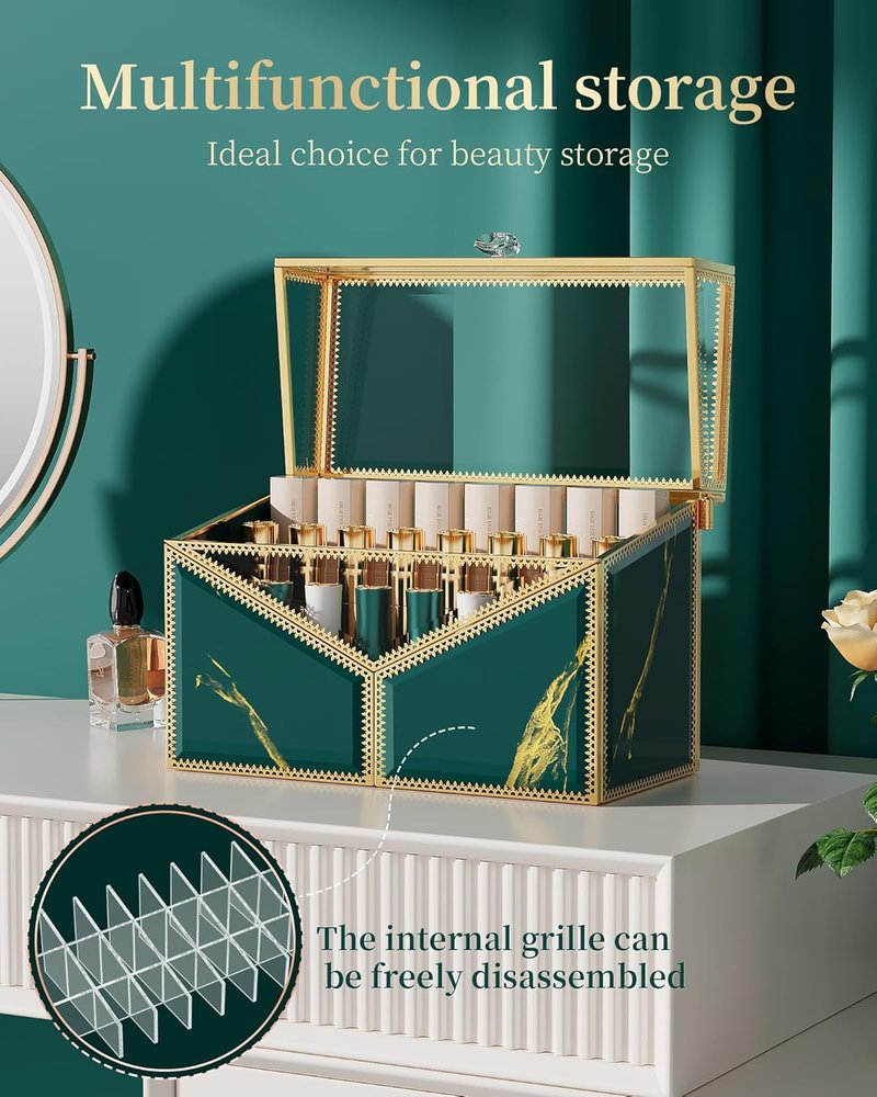 Lipstick Organizer - 24 Slot Tempered Glass Holder for Lip Gloss & Perfume | Vanity Storage Solution