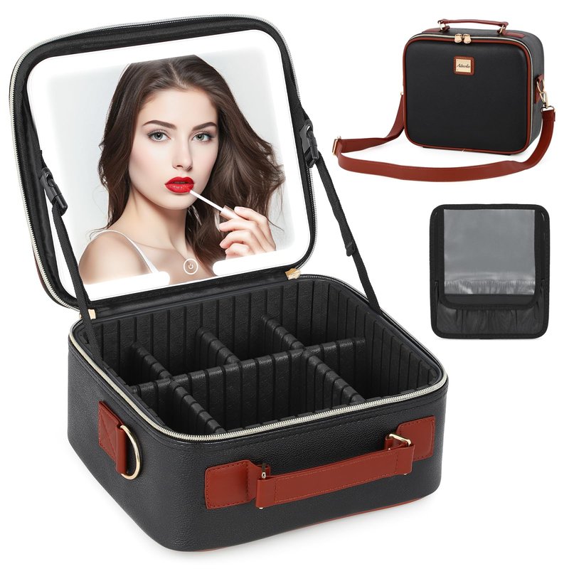 Aiborke Travel Makeup Bag with LED Mirror and Light, Cosmetic Organizer Case with Adjustable Dividers and 5X Magnifying Mirror, Makeup Box Vanity Case for Women (Black+Brown)
