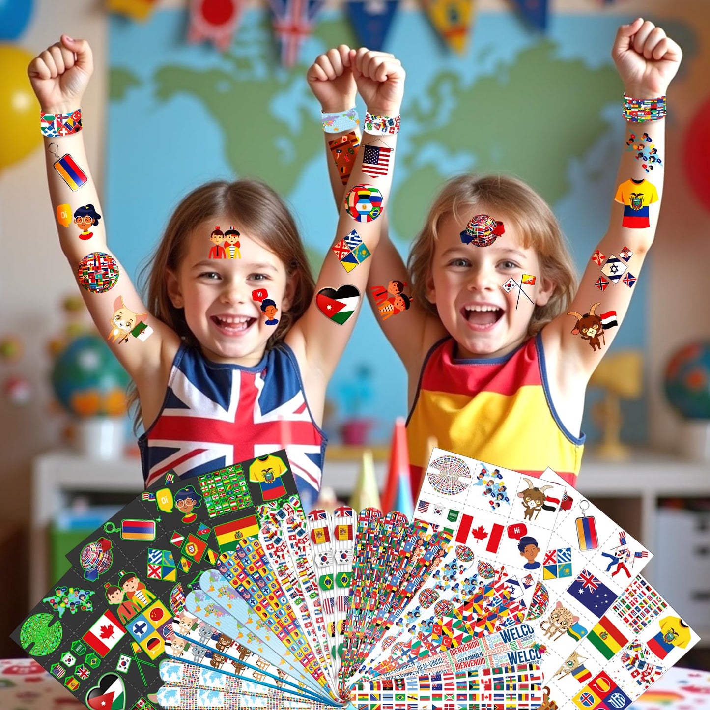 96 PCS World Flag Party Favors – 72 Pre-Cut Temporary Tattoos & 24 Slap Bracelets for Kids, Multicultural Birthday Supplies & Classroom Rewards