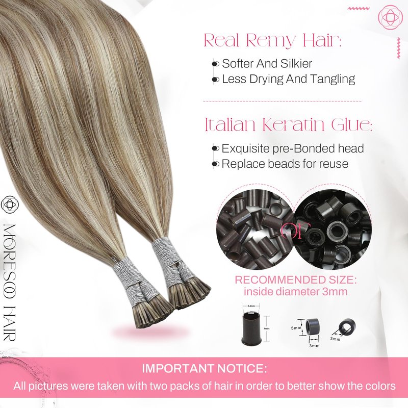 Moresoo I Tip Hair Extensions Human Hair Light Brown with Platinum Blonde Highlight Itip Human Hair Extensions Brown I Tip Extensions Real Human Hair for Women 40G/50S 20 Inch