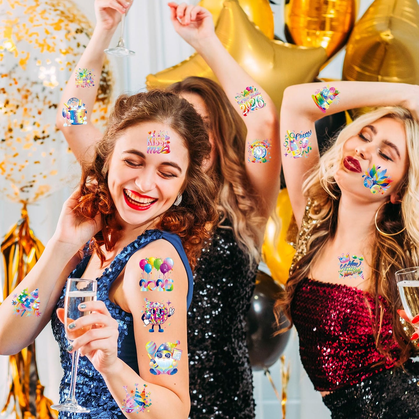 HOWAF 40pcs Happy New Year 2026 Temporary Tattoos, 2026 NYE Party Favors Tattoos Stickers,New Year Face Tattoos for Happy New Year Eve Party Decorations,New Years Firework Temporary Tattoos
