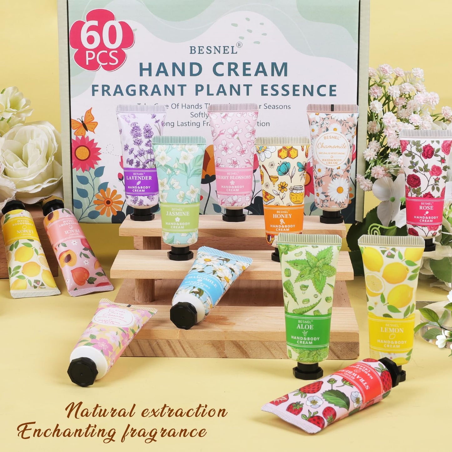 BESNEL 60 Pack Hand Cream Gift Set For Women, Teacher Appreciation Gifts, Mini Hand Lotion Travel Size in Bulk for Dry Cracked Hands, Graduation Gifts, Birthday Gift, Bridesmaid Gift,Party Favors