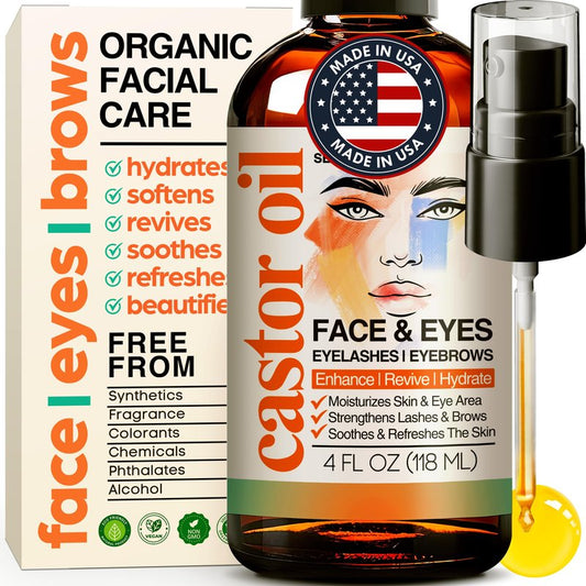 SELFWISE Organic Castor Oil For Face Moisturizer, Eyes, Eyelashes, Eyebrows, Wrinkles with Jojoba, Rosehip, Grapeseed, Squalane, Palmarosa, Bergamot and Vitamin E for Gentle Skin, Men & Women 4oz
