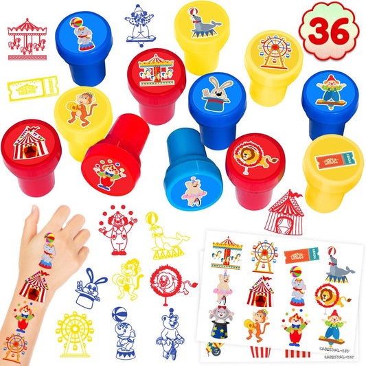 36PCS Carnival Party Favors - 24PCS Temporary Tattoos & 12PCS Stamps - Ideal Circus Clown Themed Birthday Card Decorations Supplies Goodie Bag Cute Rewards for Boys Girls Classroom Gifts Prizes