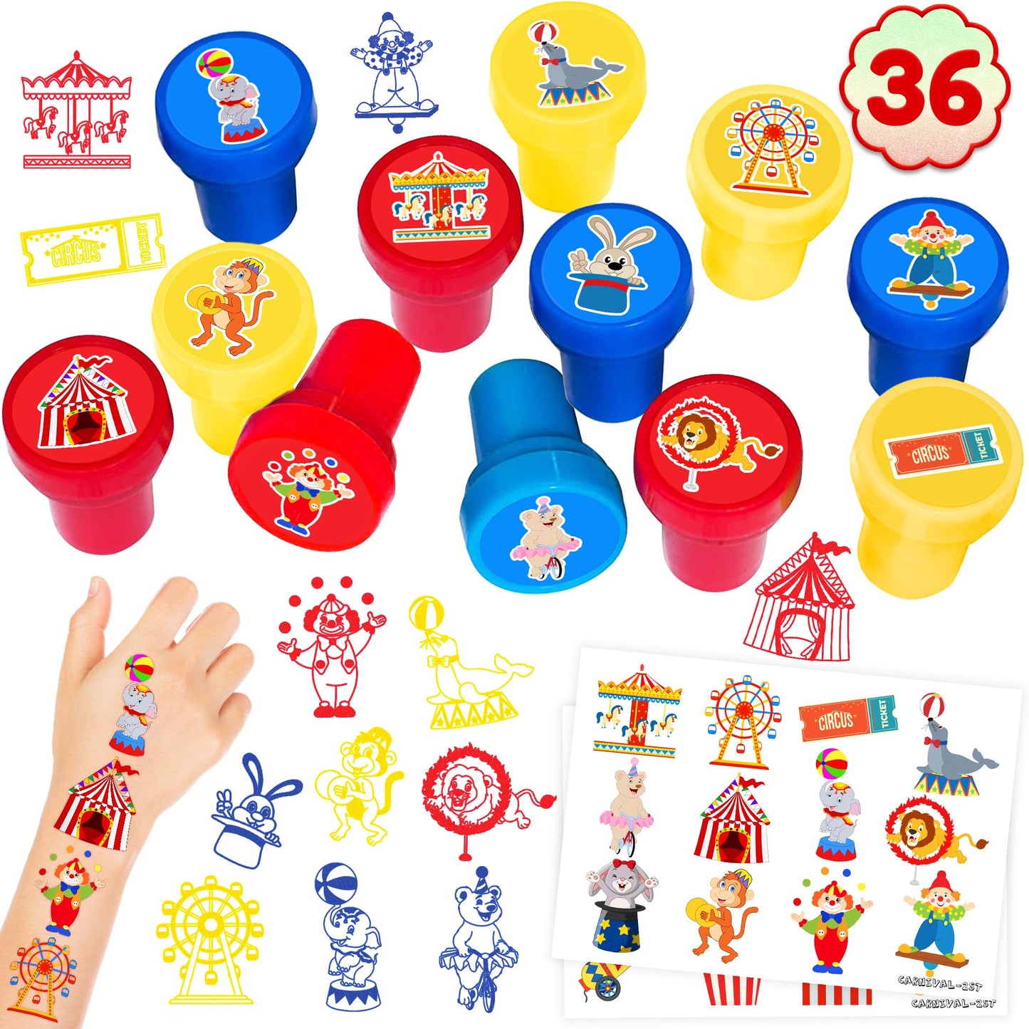 INKSOMOBA 36 PCS Carnival Party Favors for Kids - 24 Temporary Tattoos & 12 Circus Themed Stamps - Ideal Goodie Bag Fillers, Birthday Rewards, Classroom Prizes for Boys & Girls