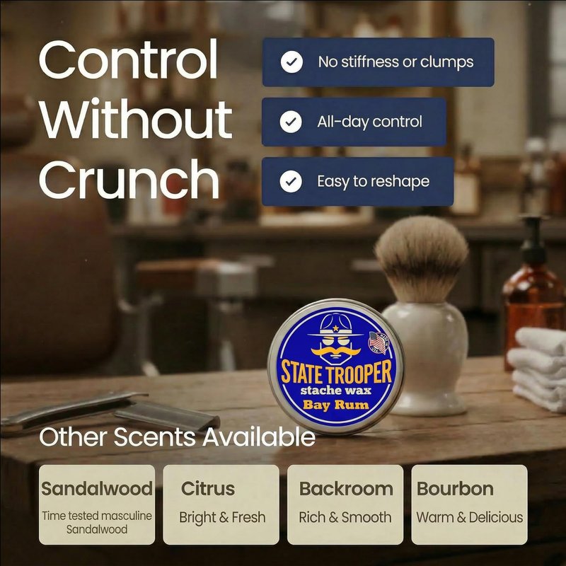 State Trooper Bay Rum - Medium Hold Mustache Wax with Beeswax, Coconut Oil & Lanolin – Natural Moustache Grooming & Styling - Nourishing Moustache Conditioner & Sculpting - 2 Ounce Tin