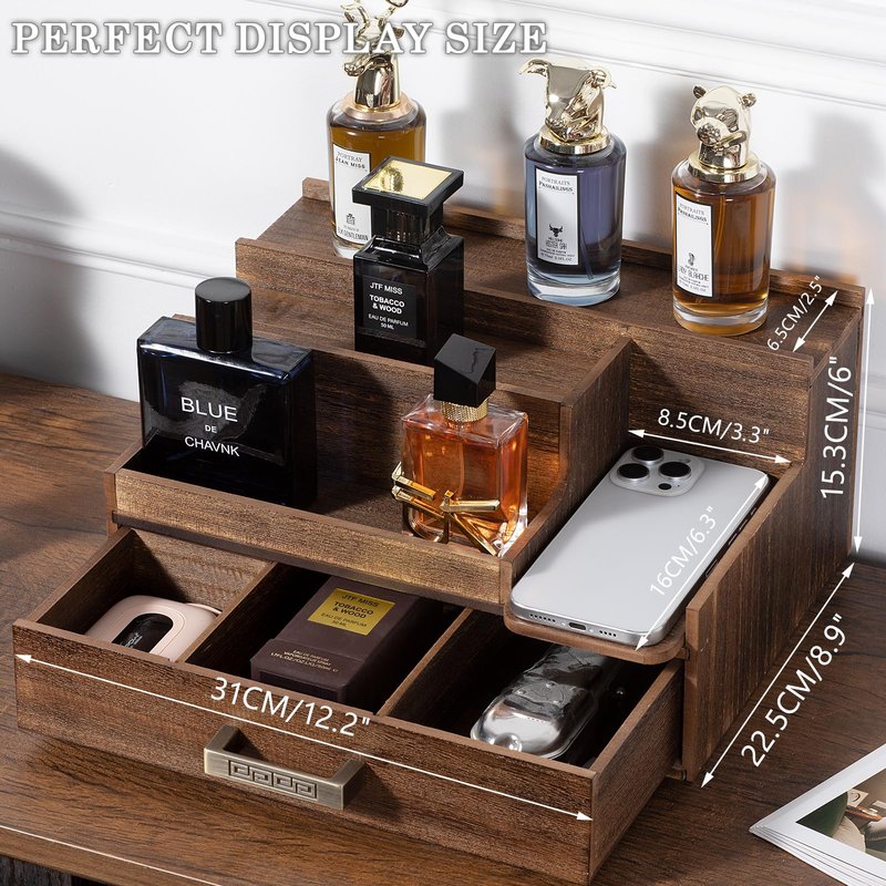 Wishtofly Cologne Organizer for Men, 3 Tier Perfume Display Stand with Drawer and Hidden Compartments, Stylish Wooden Mens Cologne Holder for Dresser Storage, Great Gift for Men/Fathers, Deep Brown