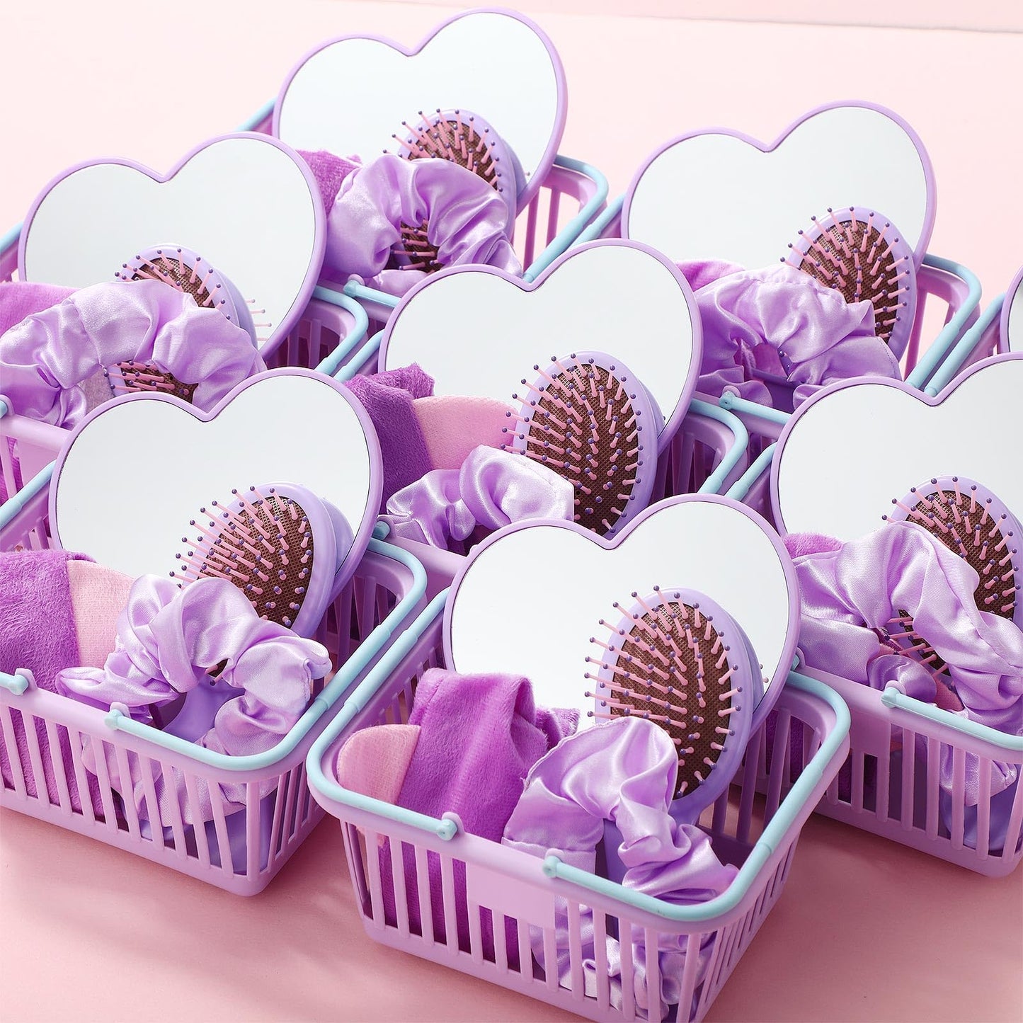 SiliFine 32 Pcs Spa Party Supplies Sleepover Party Favors with 8 Lovely Basket 8 Heart Shaped Mirror 8 Headbands 8 Satin Hair Scrunchies 8 Hair Brush for Spa Birthday Party Gift(Purple)