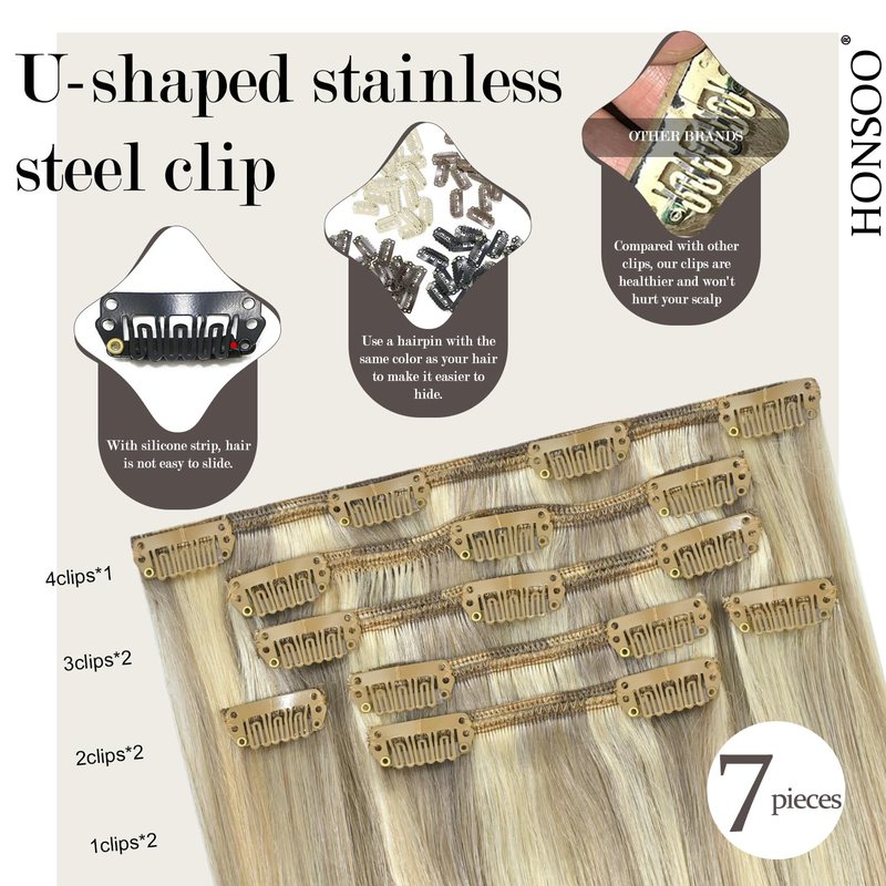 Honsoo Clip in Real Human Hair, Balayage Hair Extensions Mixed Bleach Blonde 12inch 70g 7pcs Straight Silky Blonde Heat Safe Hair