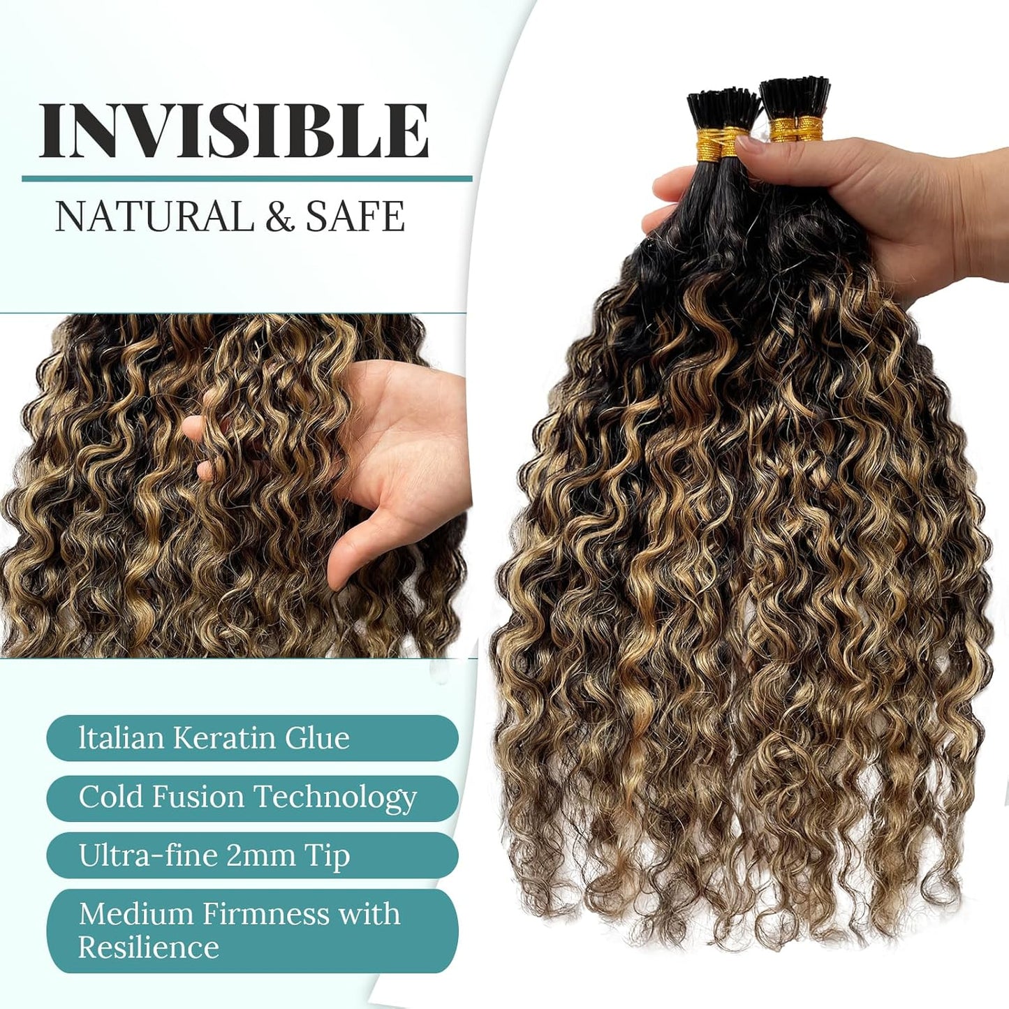 I Tip Hair Extensions Human Hair, Ombre Itip Human Hair Extension 100s Water Wave Natural Black Ombre Caramel Brown I Tip Hair Extensions Real Human Hair for Short Hair 50g 16"