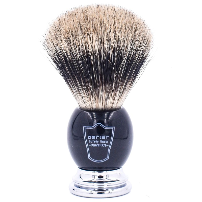 Parker Pure Badger Shaving Brush with Stand – Black & Chrome Handle, 22mm Knot | Rich Lather for Soap & Cream | Handcrafted Wet Shaving Brush for Men | Premium Grooming Tool